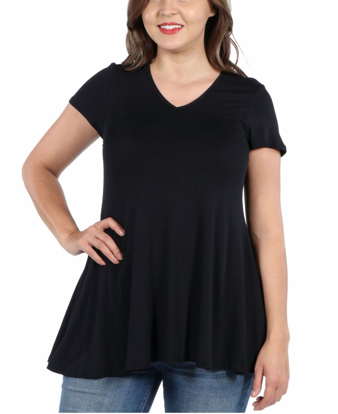 Женский топ 24seven Comfort Apparel Plus Size Short Sleeve V-Neck Tunic Top, цвет: Чёрный — фото 1