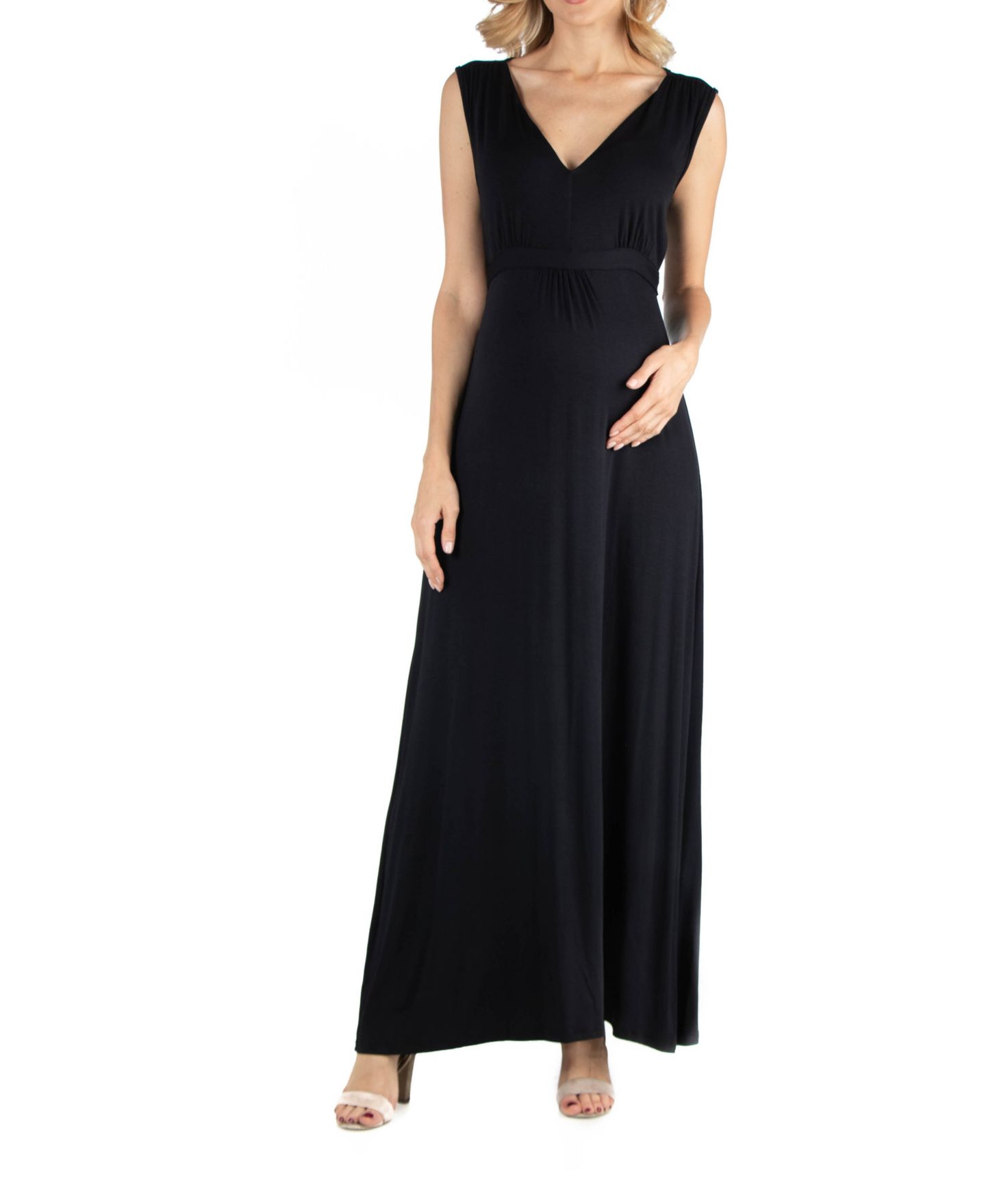 Женское платье 24seven Comfort Apparel V Neck Sleeveless Maternity Maxi Dress with Belt, цвет: Чёрный — фото 1