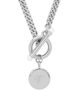 brook & york Stella Imitation Pearl Initial Toggle Necklace - Silver V