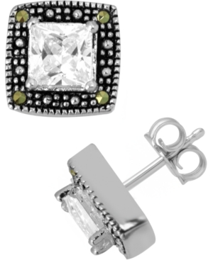 image of Swarovski Marcasite & Cubic Zirconia Square Stud Earrings in Fine Silver-Plate