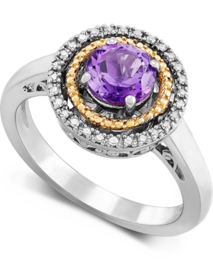 image of Amethyst (3/4 ct. t.w.) & Diamond (1/10 ct. t.w.) Halo Ring in Sterling Silver & 14k Gold