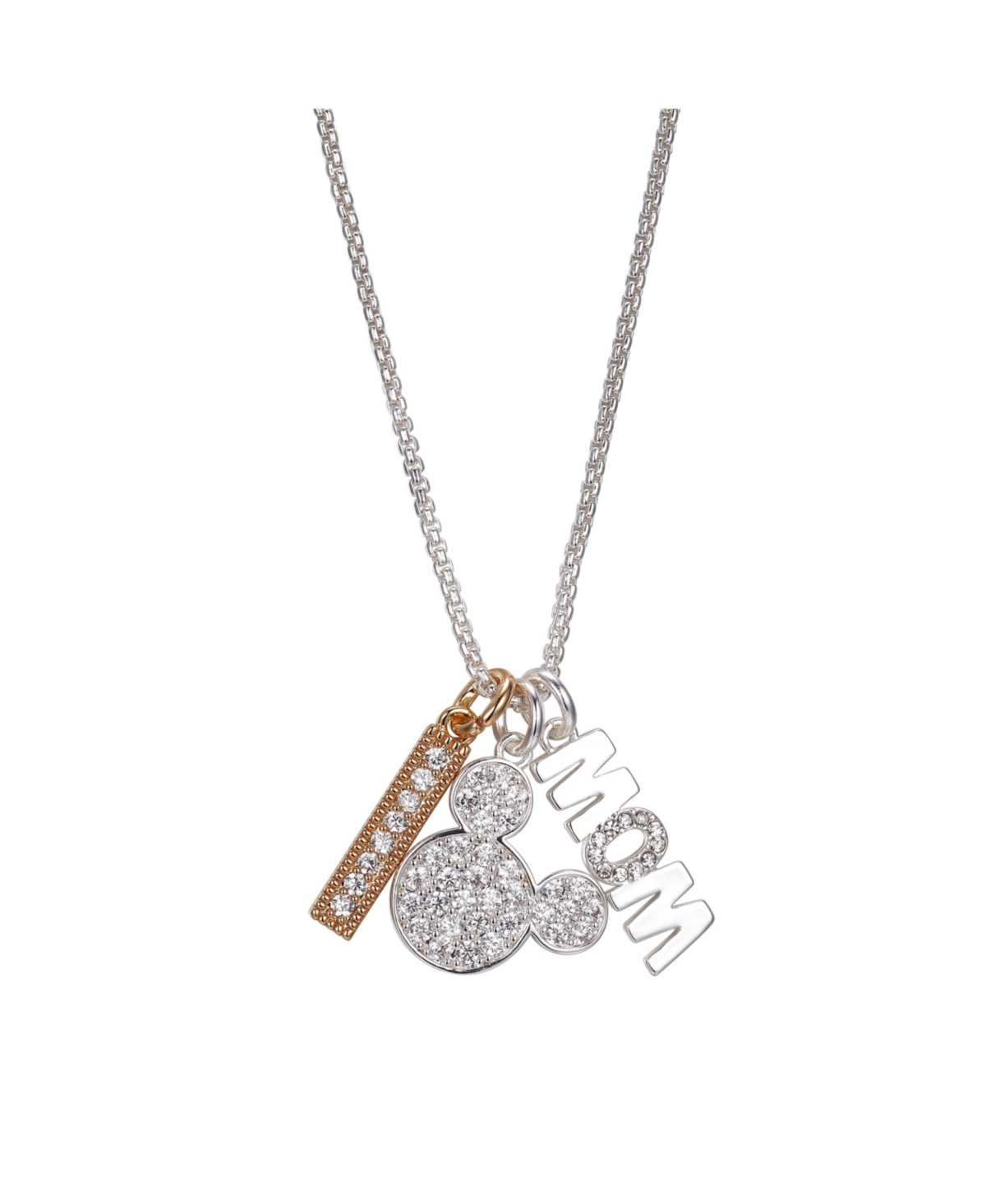 Silver Plated Mickey Mouse "Mom" and Clear Crystal Bar Charm Necklace, 16"+2" Extender - Yellow