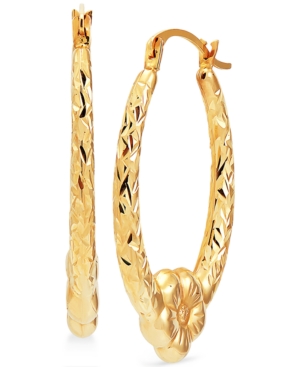 image of Textured Flower Oval Hoop Earrings in 14k Gold
