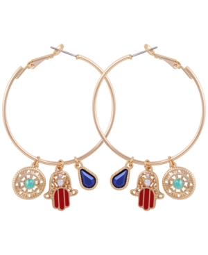 image of Guess Gold-Tone Crystal & Stone Hamsa Hand Charm Hoop Earrings