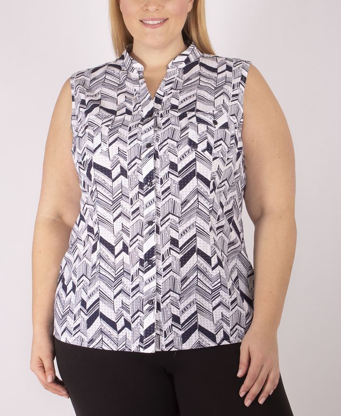NY Collection Women's Plus Size Printed Sleeveless Utility Shirt Macy's