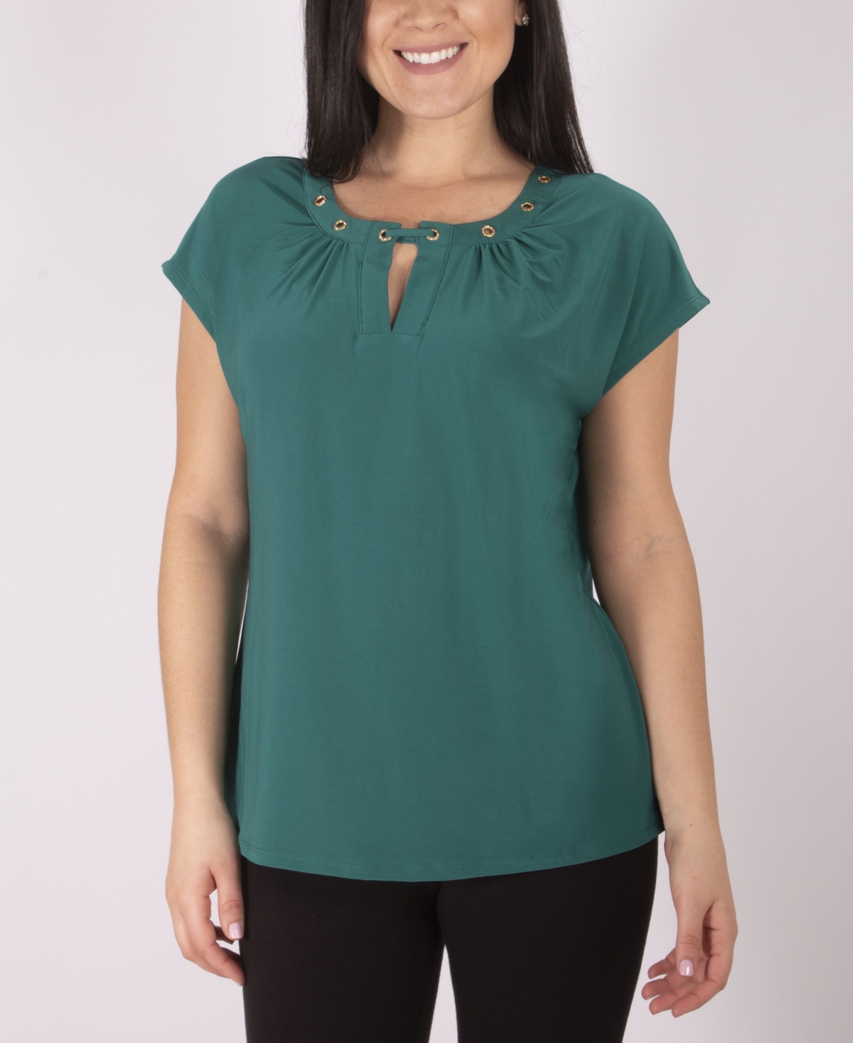 Ny Collection Plus Size Short Sleeve Jewel Neck Top With Grommets In Green