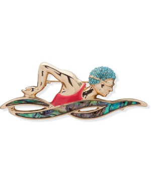 image of Anne Klein Gold-Tone Pave & Stone Swimmer Pin, Created for Macy-s