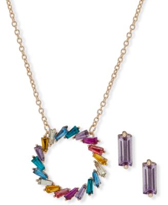 Anne Klein - Gold-Tone Multicolor Crystal Circle Pendant Necklace & Stud Earrings Set