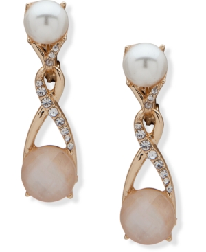 image of Anne Klein Gold-Tone Pave, Stone & Imitation Pearl Clip-On Drop Earrings