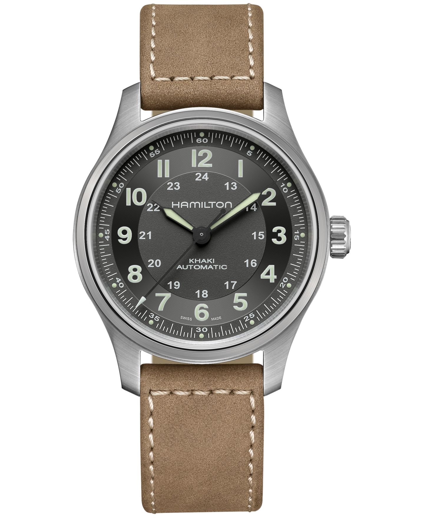 Мужские часы Hamilton Swiss Automatic Khaki Field с коричневым кожаным ремешком, 42 мм — фото 1