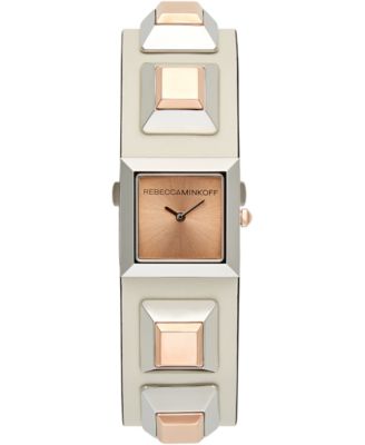 Rebecca Minkoff - Women's Jett Rose Gold-Tone Stud & White Leather Strap Watch 22mm