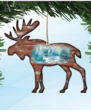 Designocracy Woodsy Moose Scenic Wooden Christmas Ornament Set Of 2 In Multi