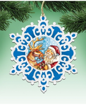 Designocracy Reindeer Ride Snowflake Wooden Christmas Ornament Set of 2