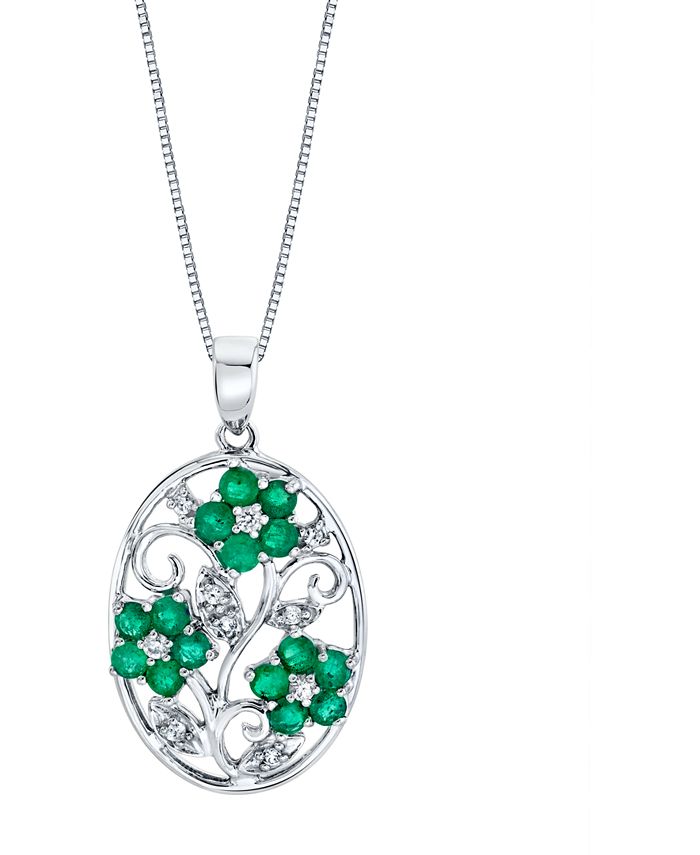 Macy's - Emerald (1-1/5 ct. t.w.) & Diamond (1/10 ct. t.w.) Flower 18" Pendant Necklace in Sterling Silver