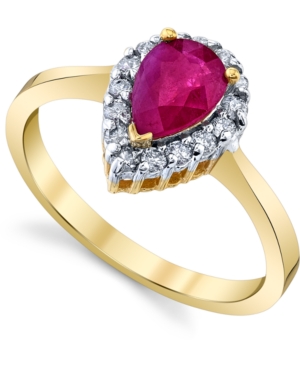 image of Ruby (7/8 ct. t.w.) & Diamond (1/4 ct. t.w.) Pear-Cut Halo Ring in 14k Gold