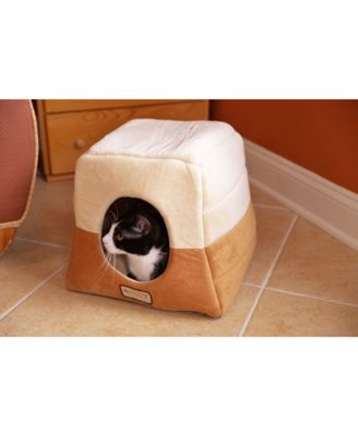 2-In-1 Cat Bed Cave Shape And Cuddle Pet Bed, Brown/Beige - Waterproof Base, Soft Velvet Covering