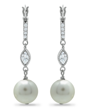 image of Imitation Pearl Cubic Zirconia Art Deco Linear Earrings Crafted in Fine Silver Plate