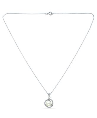 Imitation Pearl with Cubic Zirconia Crystal Swirl Halo Pendant in Silver Plate 18"
