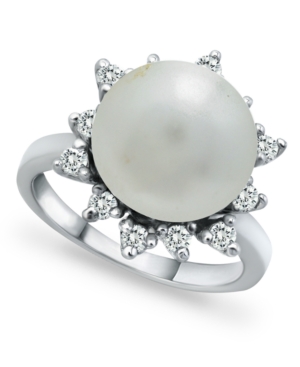 image of Imitation Pearl and Cubic Zirconia Halo Ring in Fine Silver Plate