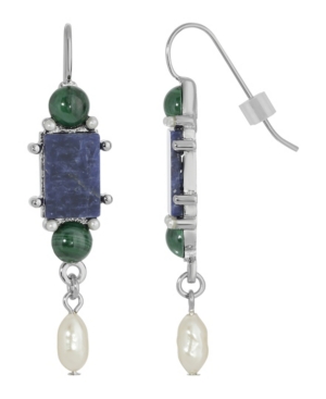 image of 2028 Silver-Tone Semi Precious Lapis Rectangle Imitation Pearl Drop Earrings