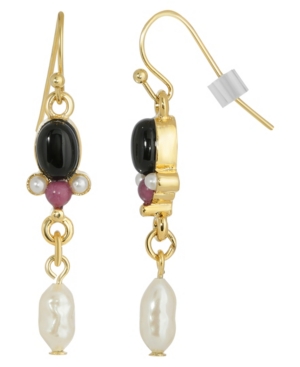 image of 2028 Gold-Tone Semi Precious Onyx and Imitation Pearl Drop Earrings
