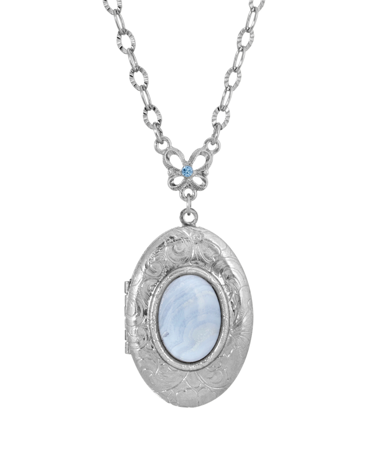2028 Silver-tone Semi Precious Oval Stone Locket Necklace In Blue