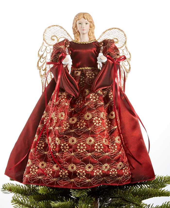 Holiday Lane 10 Light Angel Tree Topper with Burgundy and Gold Gress ...