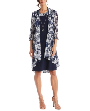 R & M Richards Petite Draped-front Jacket & Necklace Dress In Navy/white