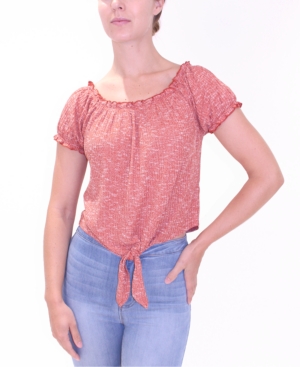 image of Crave Fame Juniors- Puff-Sleeve Off Shoulder Tie-Front Top