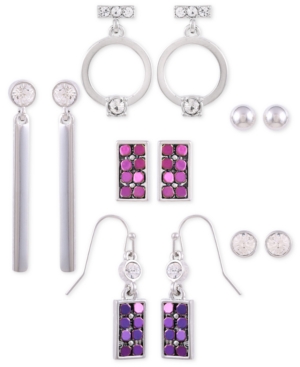 image of Guess Silver-Tone 6-Pc. Set Crystal & Colored-Finish Mesh Earrings