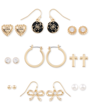 image of Guess Gold-Tone 9-Pc. Set Crystal, Imitation Pearl & Jet Logo Earrings