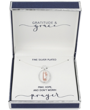 image of Gratitude & Grace Cubic Zirconia Mother-of-Pearl Inlay Two-Tone Saint Pendant Necklace in Fine Silver-Plate & Rose Gold-Flash, 16