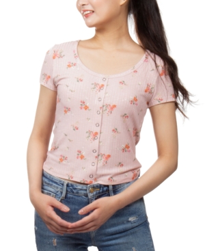 image of Pink Rose Juniors- Floral-Print Snap-Front Cropped Top