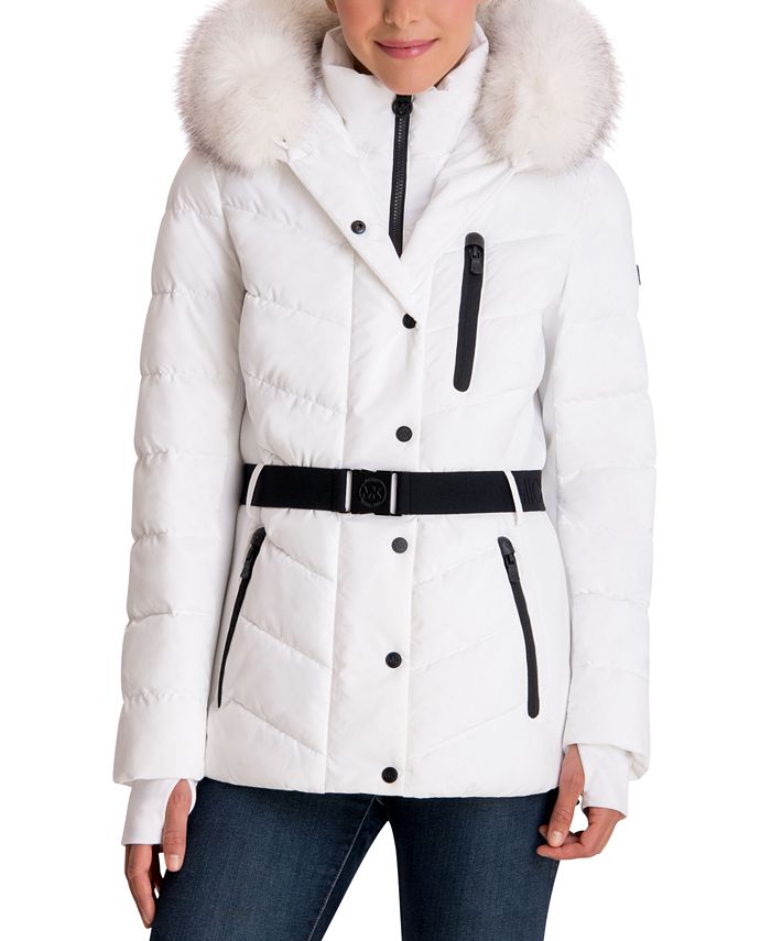 Michael Kors Belted Faux-Fur Trim Hooded Puffer Coat - Macy's