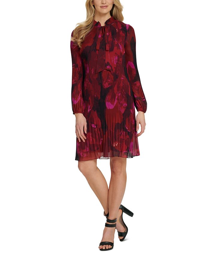 dkny tiered tie neck dress