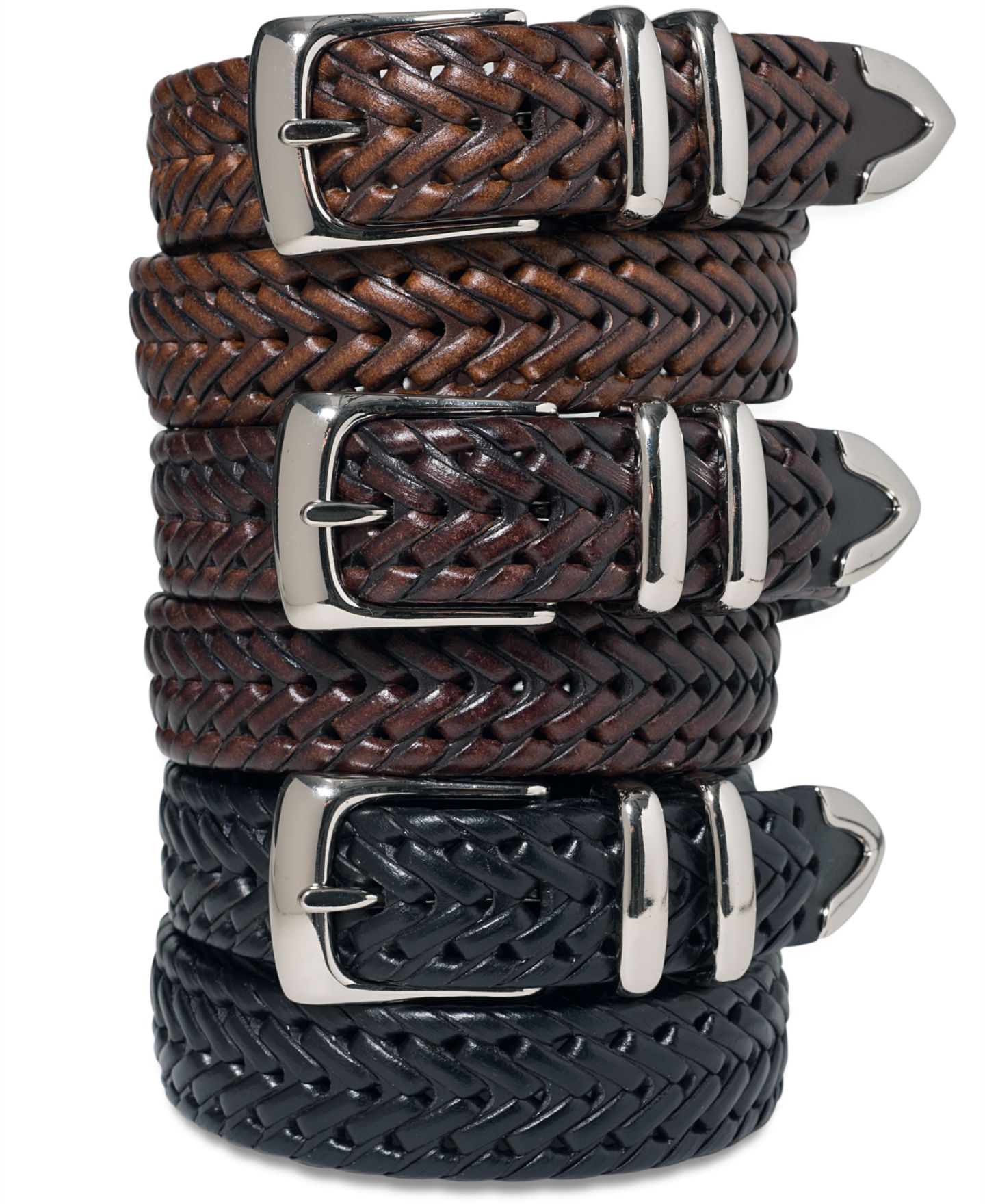 Мужской ремень Perry Ellis Portfolio Leather Big and Tall Braided Belt, цвет: Чёрный — фото 2