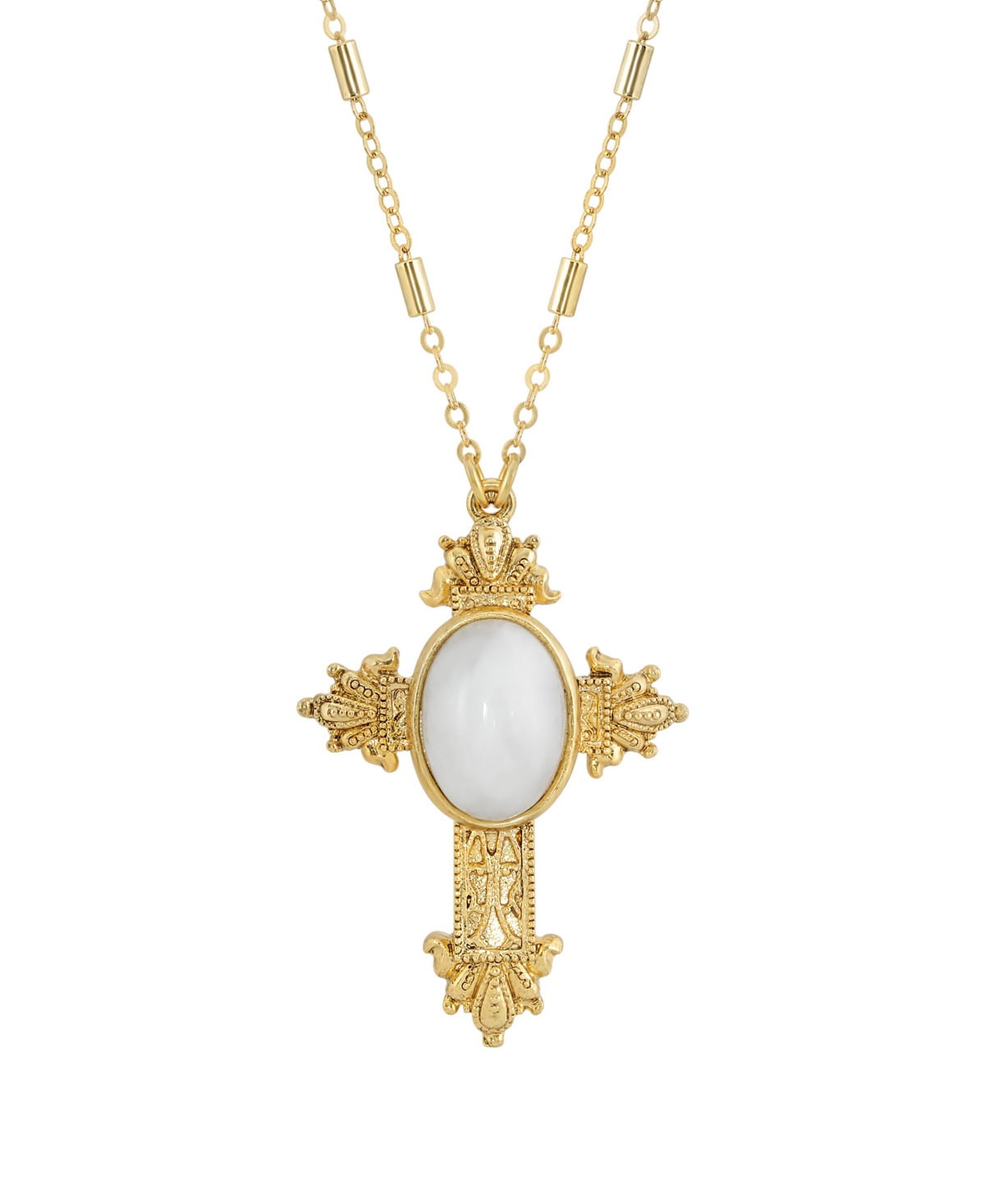 14K Gold Dipped Oval Semi Precious Genuine White Quartz Cross 28" Necklace - White