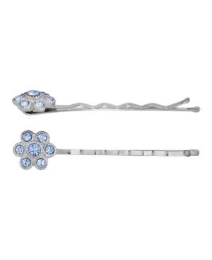 image of 2028 Silver-Tone Light Sapphire Crystal Flower Bobby Pin Set