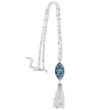 image of Style & Co Silver-Tone Stone & Chain Tassel Long Pendant Necklace, 32