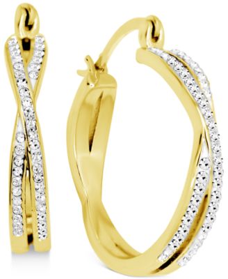 Crystal Small Crossover Hoop Earrings, 0.95" in Silver Plate or Gold Plate