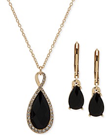 Gold-Tone Pavé & Jet Stone Pendant Necklace & Drop Earrings Set