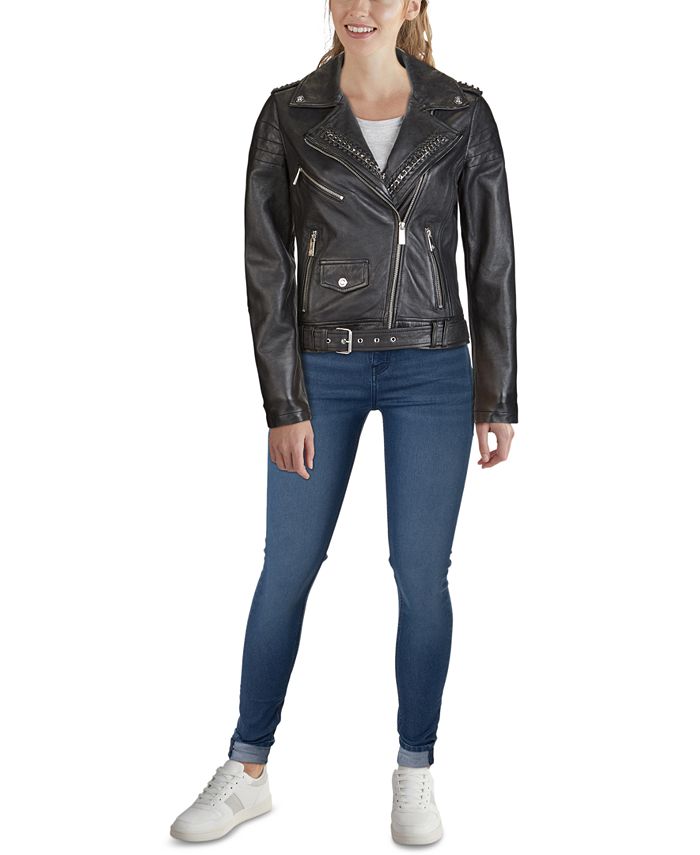 GUESS Belted Moto Leather Jacket - Macy's