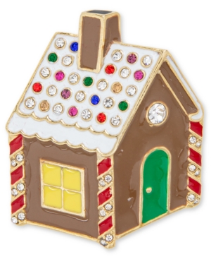 image of Holiday Lane Gold-Tone Multicolor Crystal Gingerbread House Pin, Created for Macy-s