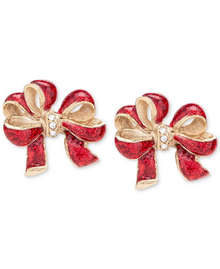 Charter Club Gold Tone Pav Glitter Red Bow Stud Earrings