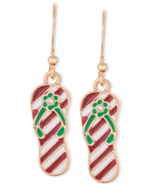 image of Holiday Lane Gold-Tone Pave Red & Green Striped Flip-Flop Drop Earrings, Created for Macy-s