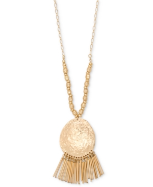 image of Style & Co Gold-Tone Hammered Disc & Tubular Fringe Long Pendant Necklace, 35-1/2