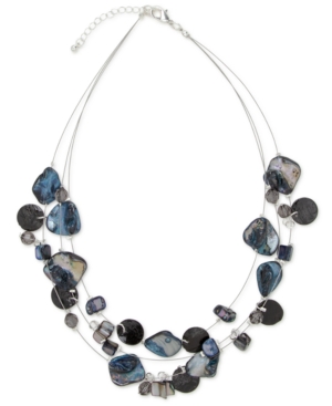 image of Style & Co Silver-Tone Disc, Bead & Stone Triple-Row Statement Necklace, 18