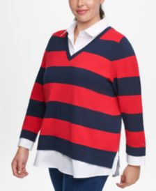 Plus Size Layered-Look Collared Rugby-Striped Sweater