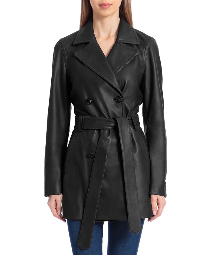 Badgley Mischka Double-Breasted Leather Trench Coat - Macy's