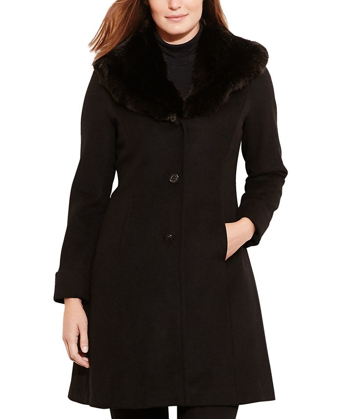 Lauren Ralph Lauren Petite Faux-Fur-Trim Walker Coat, Created for Macy ...